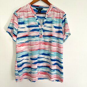 Haggar Clothing Woman Striped Stretch Short Sleeve V Neck Pullover Top Size L
